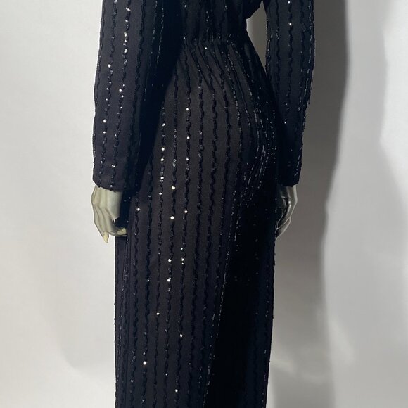 Amazing Disco 1970s Black Sequin Belted Bell Bottom Jumpsuit By Lee Jordan - Picture 6 of 6